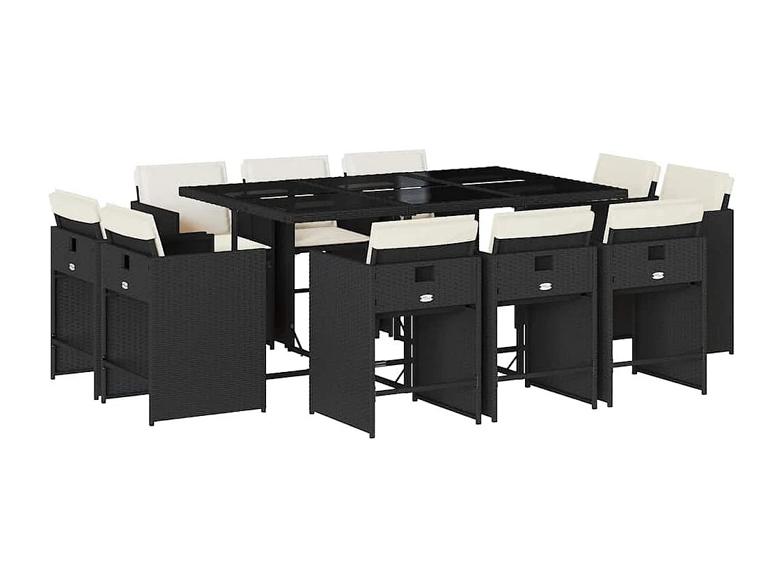 Set de comedor jardín 11 piezas con cojines ratán sintético negro