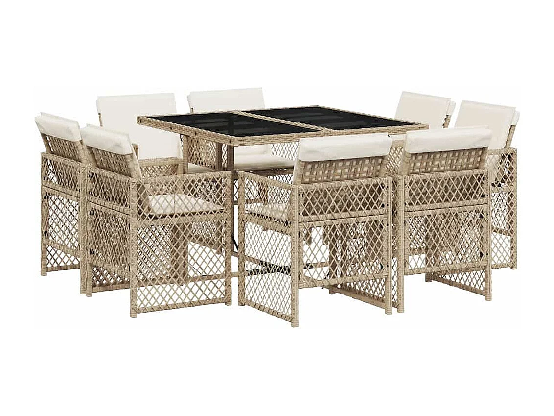 Ensemble à manger de jardin et coussins 9 pièces beige Poly rotin