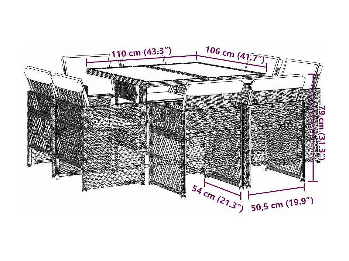 Ensemble à manger de jardin et coussins 9 pièces beige Poly rotin