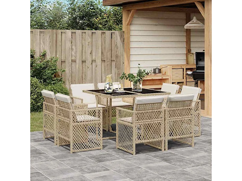 Ensemble à manger de jardin et coussins 9 pièces beige Poly rotin