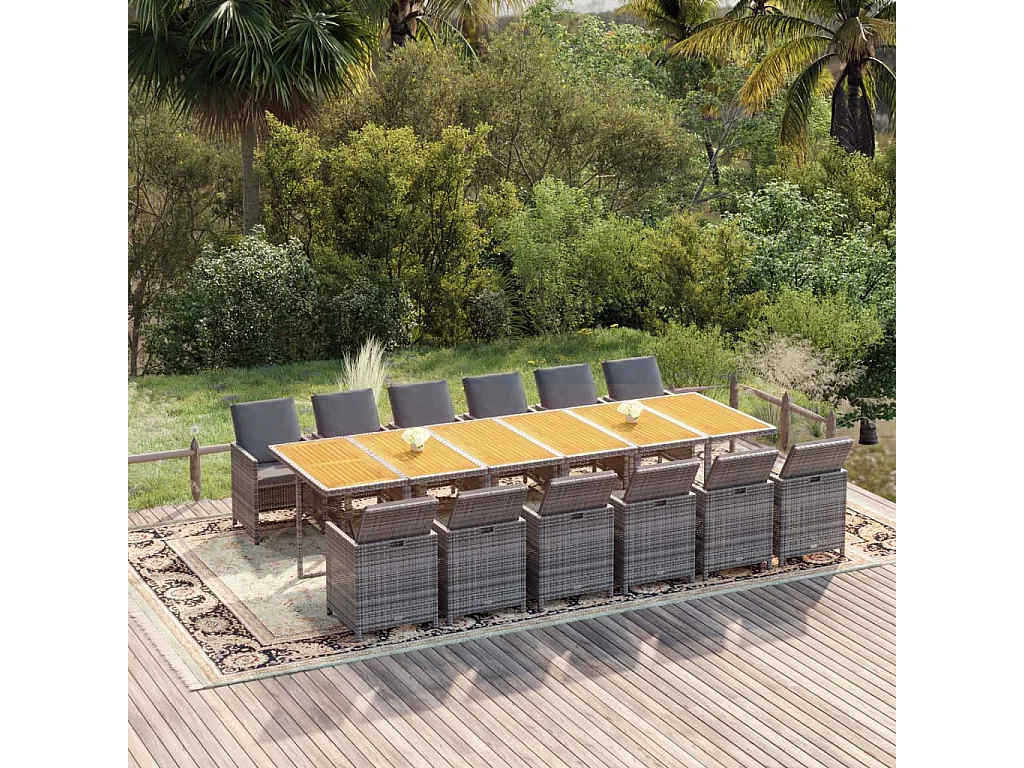 Set de comedor jardín 13 piezas con cojines ratán sintético gris