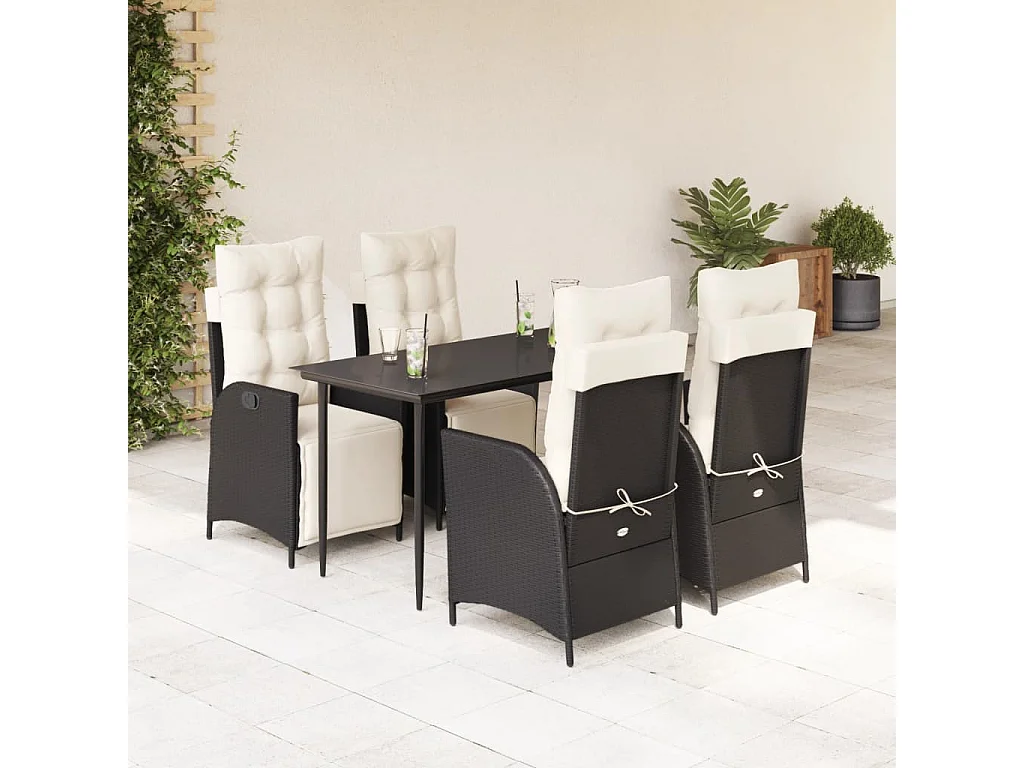 Set de muebles jardín 5 piezas con cojines ratán sintético negro