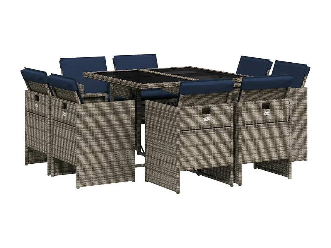 Ensemble à manger de jardin 9 pièces coussins gris résine tressée