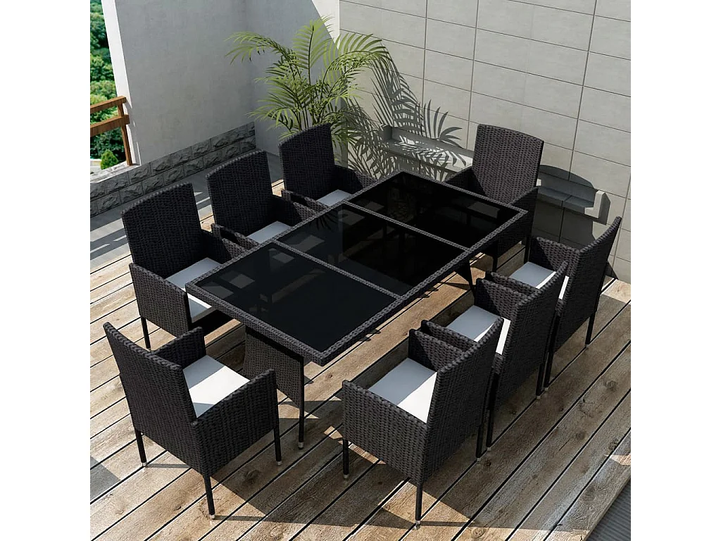 Ensemble à manger d'extérieur 9 pièces coussins résine tressée noir