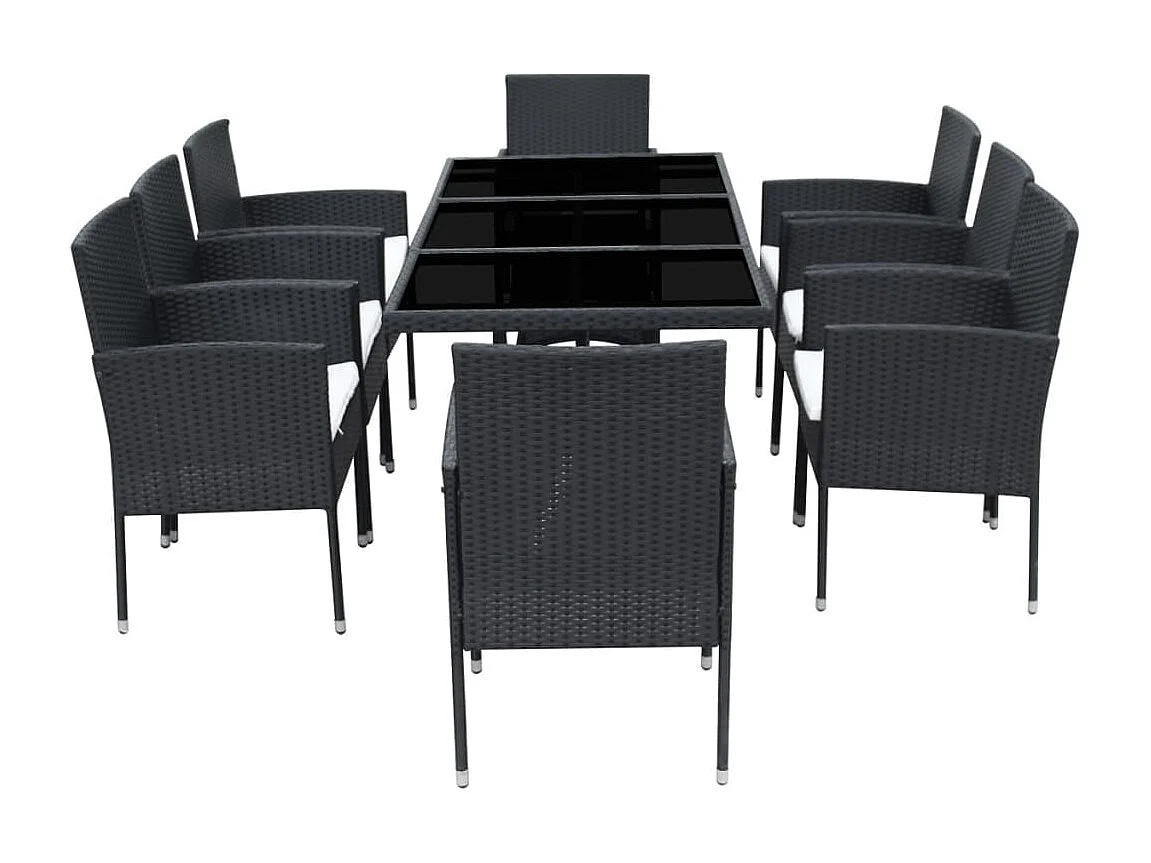 Ensemble à manger d'extérieur 9 pièces coussins résine tressée noir