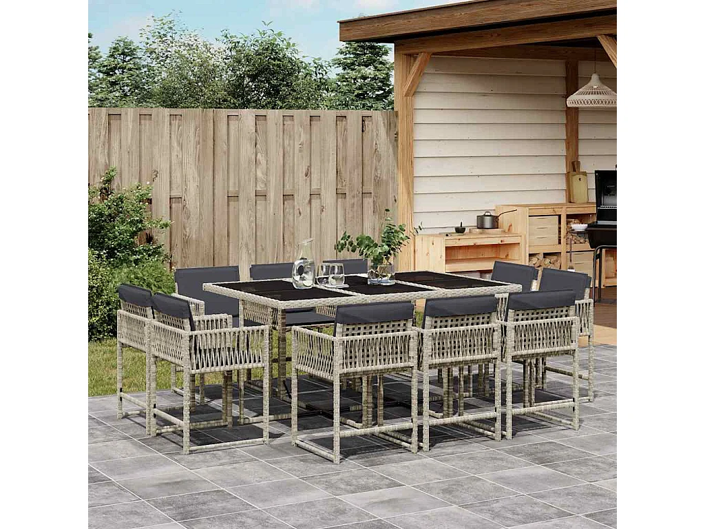 Set de comedor de jardín 11 piezas y cojines ratán sintético gris