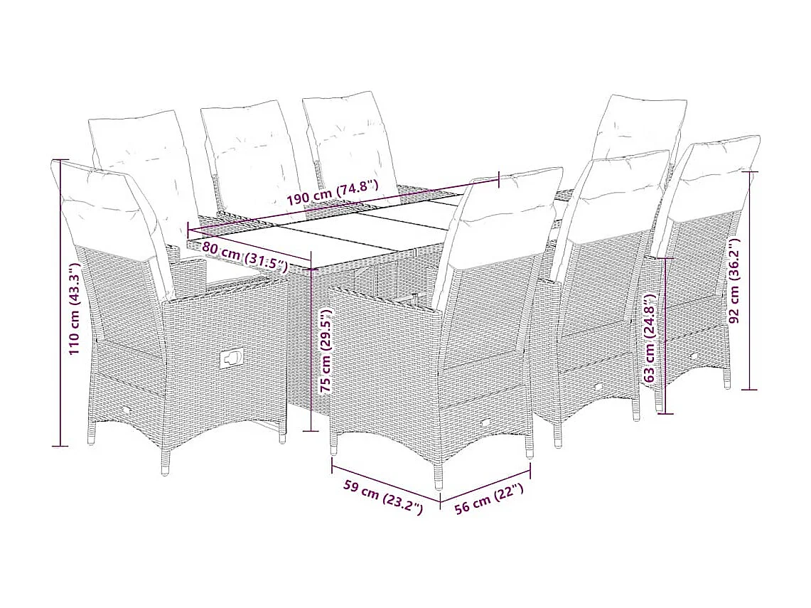 Set comedor para jardín 9 piezas y cojines ratán sintético marrón