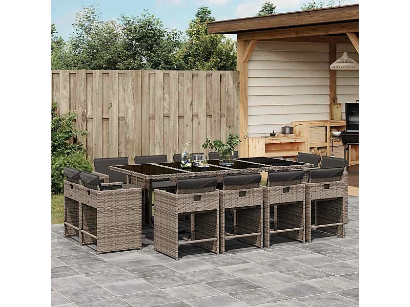 Set comedor de jardín con cojines 13 piezas ratán sintético gris