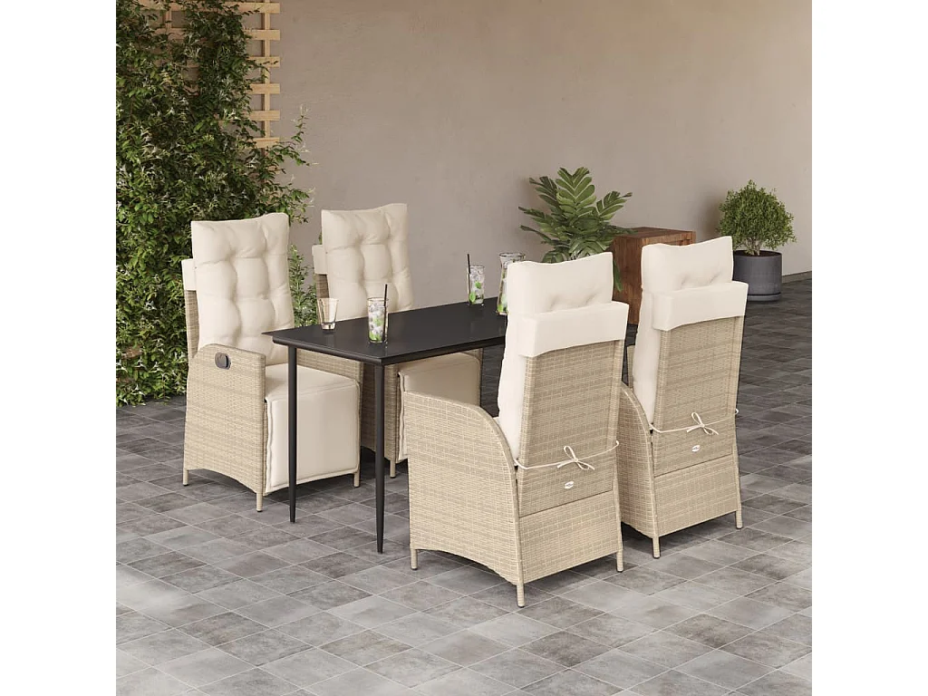Ensemble à manger de jardin avec coussins 5 pièces Beige poly rotin