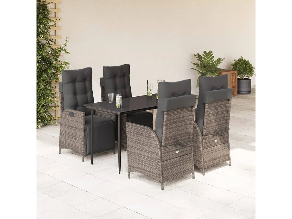 Set comedor de jardín 5 piezas con cojines ratán sintético gris