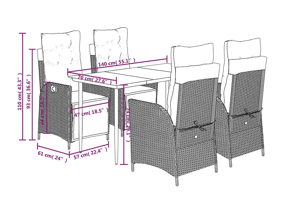 Set comedor de jardín 5 piezas con cojines ratán sintético gris