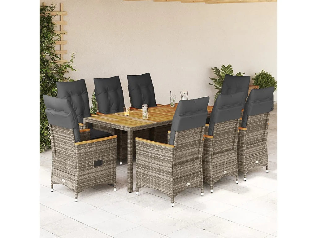Set comedor jardín 9 piezas y cojines ratán sintético gris