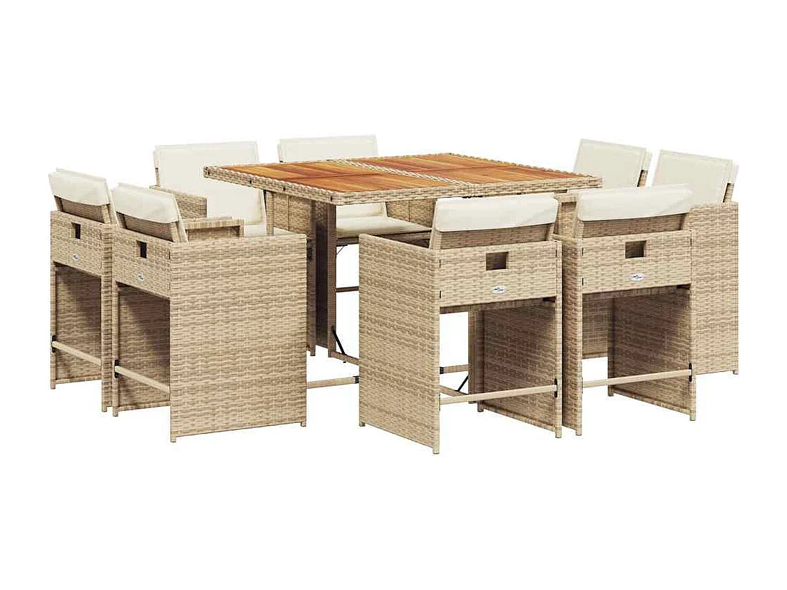 Ensemble à manger de jardin et coussins 9 pièces beige Poly rotin