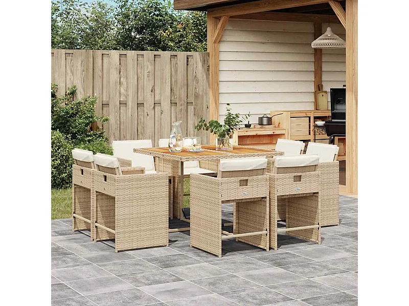 Ensemble à manger de jardin et coussins 9 pièces beige Poly rotin