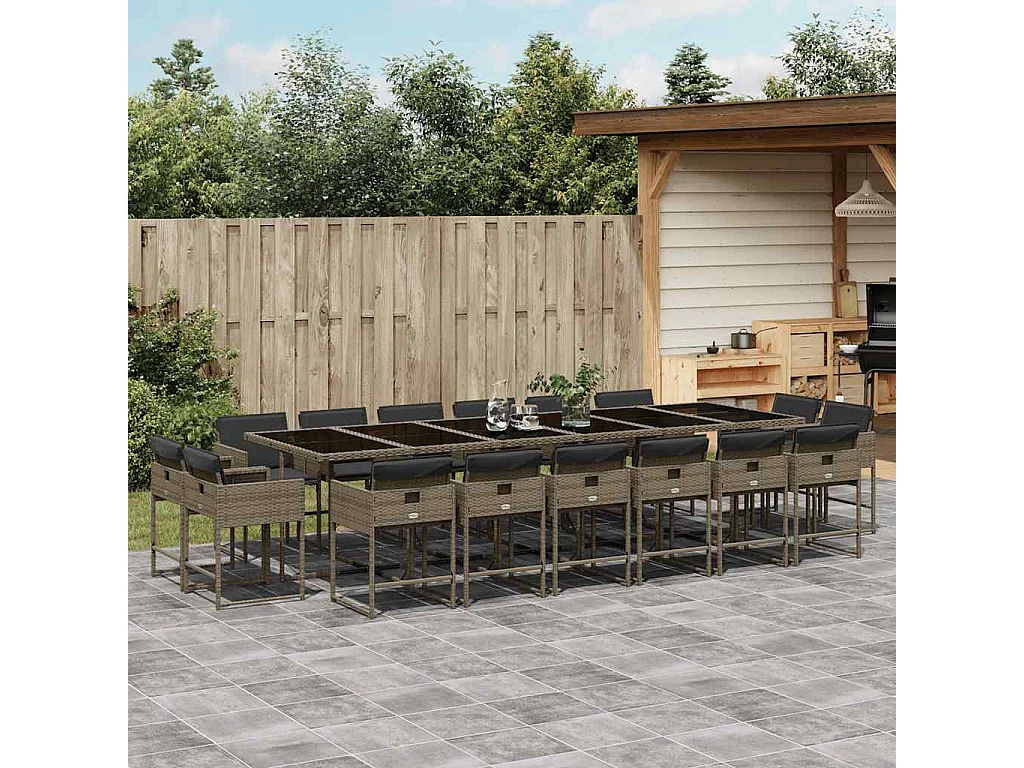 Set comedor de jardín 17 piezas y cojines ratán sintético gris