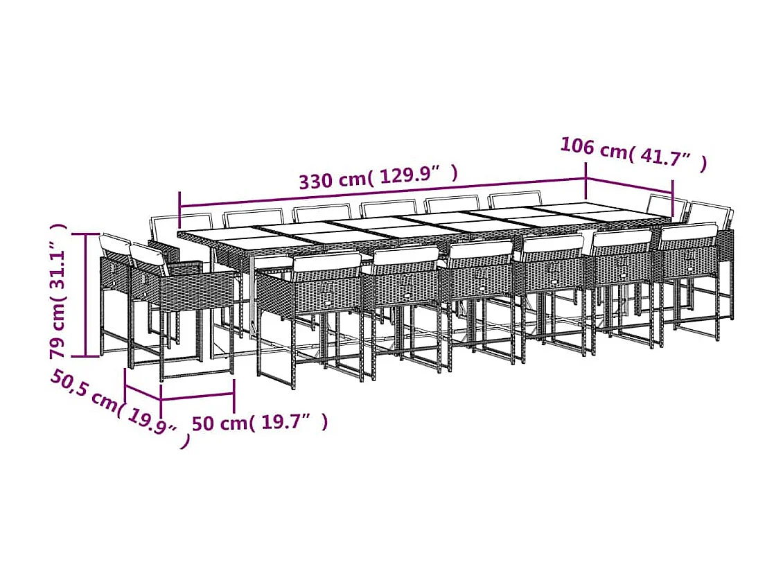Set comedor de jardín 17 piezas y cojines ratán sintético gris
