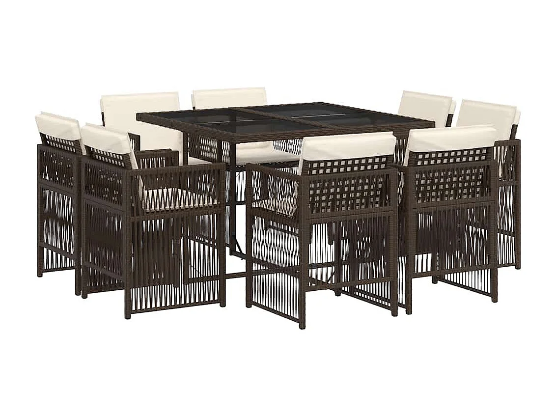 Set comedor para jardín 9 piezas y cojines ratán sintético marrón