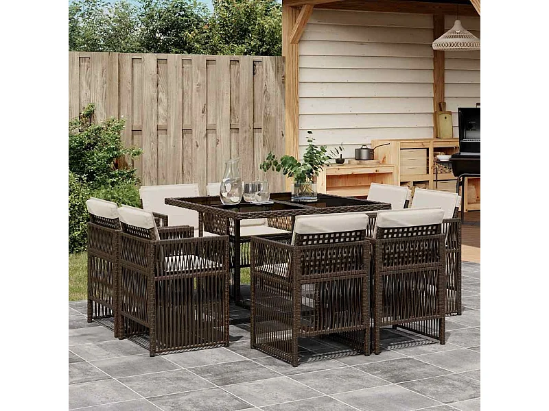 Set comedor para jardín 9 piezas y cojines ratán sintético marrón