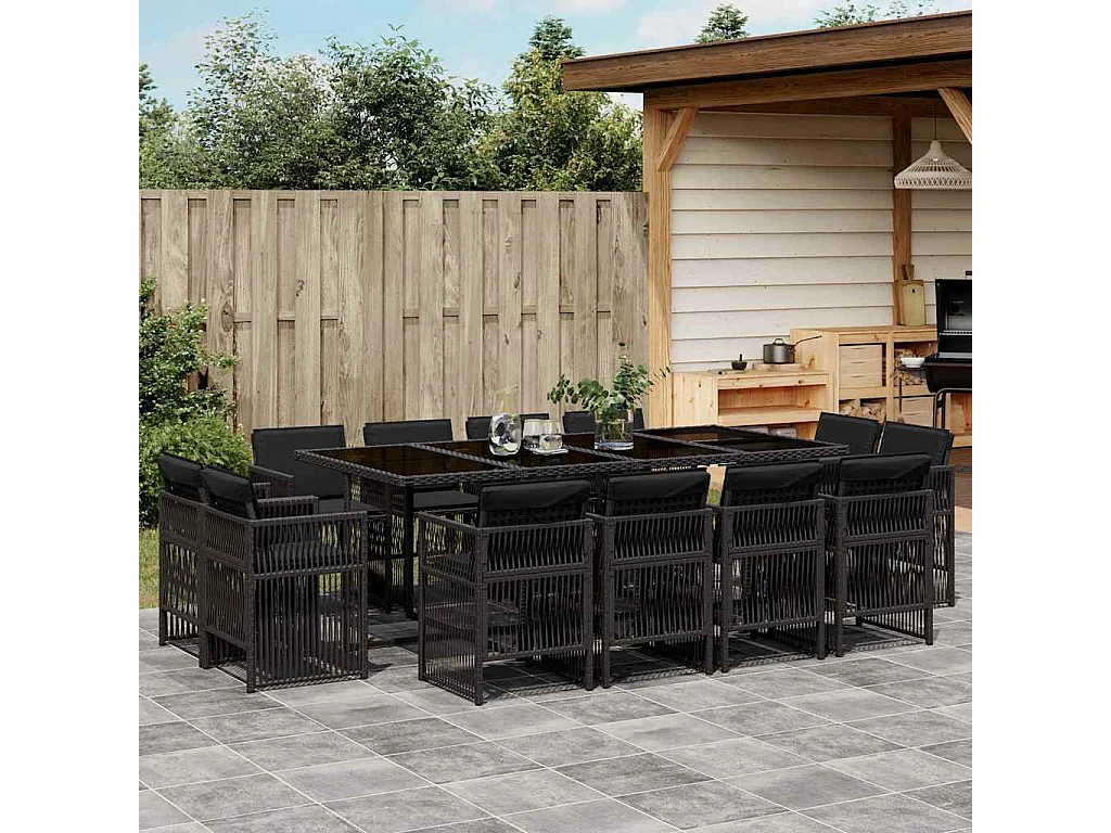 Ensemble à manger de jardin 13 pièces coussins noir résine tressée