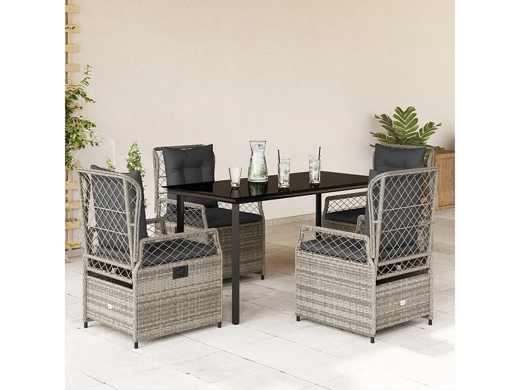 Set comedor de jardín 5 piezas con cojines ratán sintético gris