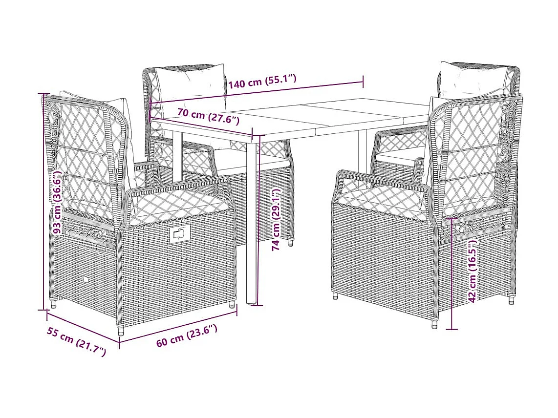 Set comedor de jardín 5 piezas con cojines ratán sintético gris