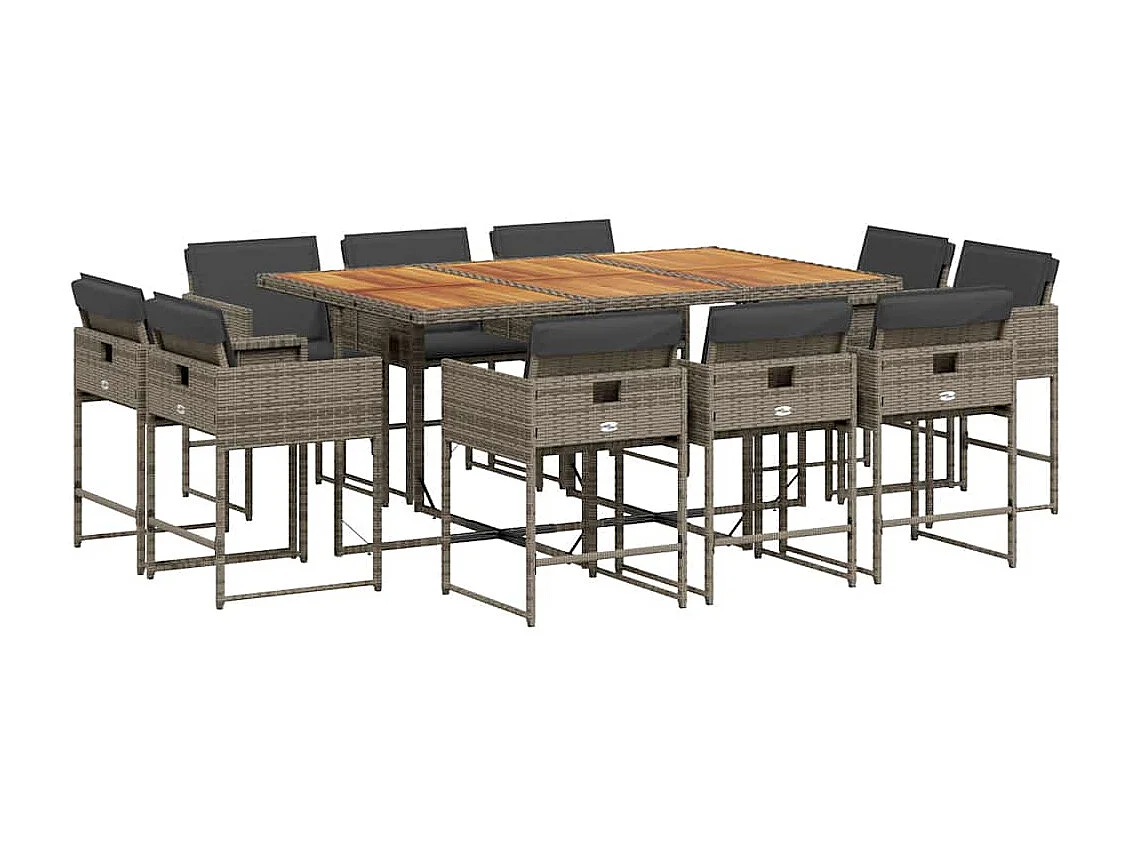 Set de comedor de jardín 11 piezas y cojines ratán sintético gris