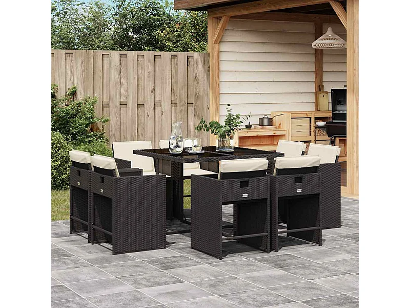 Ensemble à manger de jardin 9 pièces coussins noir résine tressée