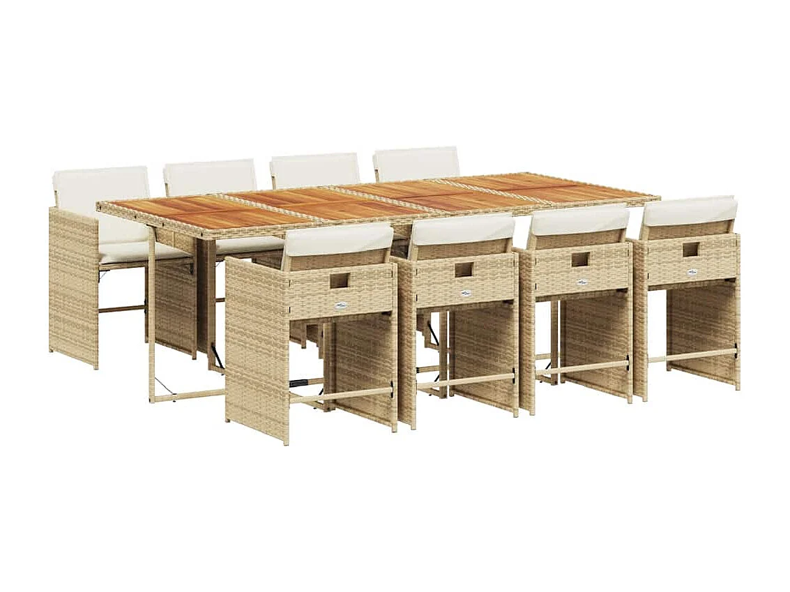 Ensemble à manger de jardin et coussins 9 pièces beige Poly rotin
