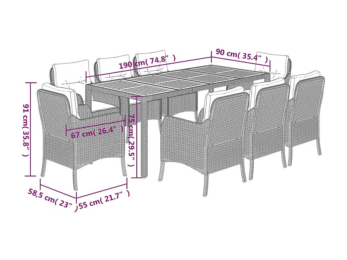 Ensemble à manger de jardin 9 pièces coussins noir résine tressée