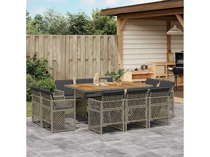 Set de comedor de jardín 11 piezas y cojines ratán sintético gris