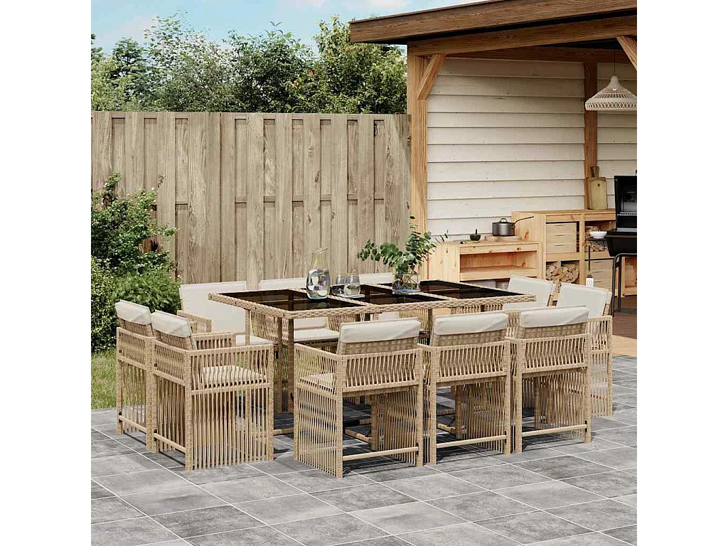 Set comedor de jardín 11 piezas con cojines ratán sintético beige