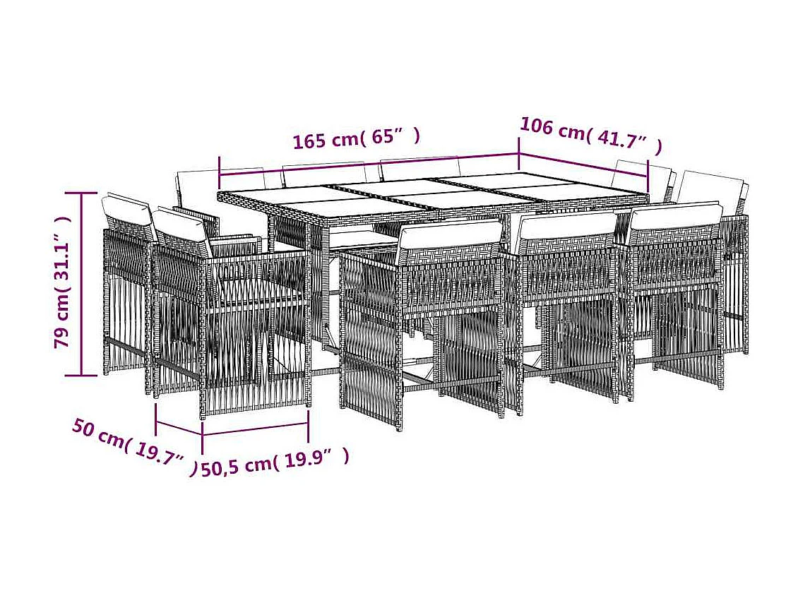 Set comedor de jardín 11 piezas con cojines ratán sintético beige