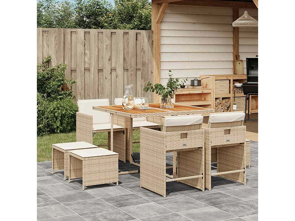 Ensemble à manger de jardin et coussins 9 pièces beige Poly rotin