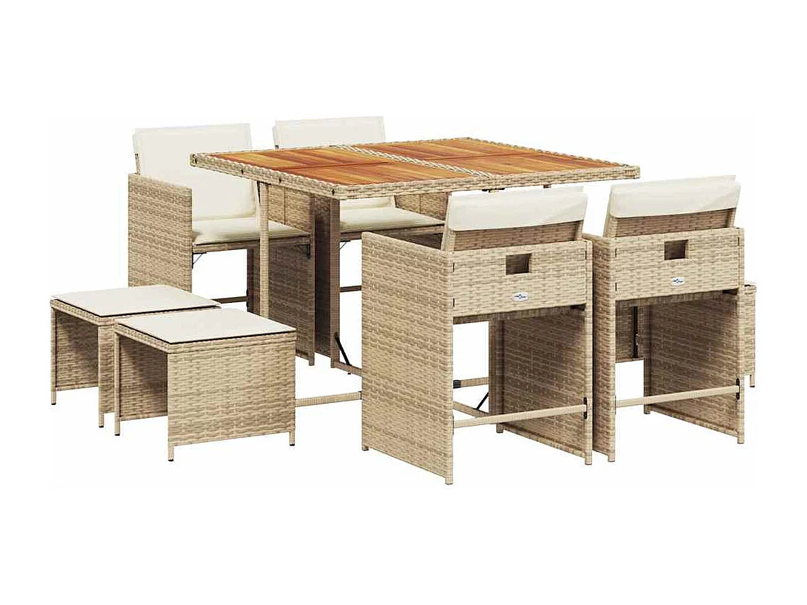 Ensemble à manger de jardin et coussins 9 pièces beige Poly rotin