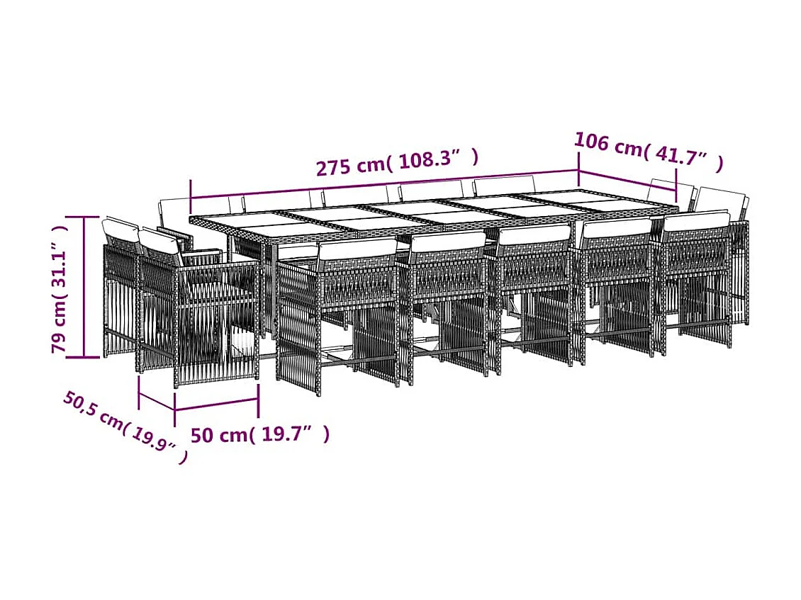 Set comedor jardín y cojines 15 piezas ratán sintético gris claro