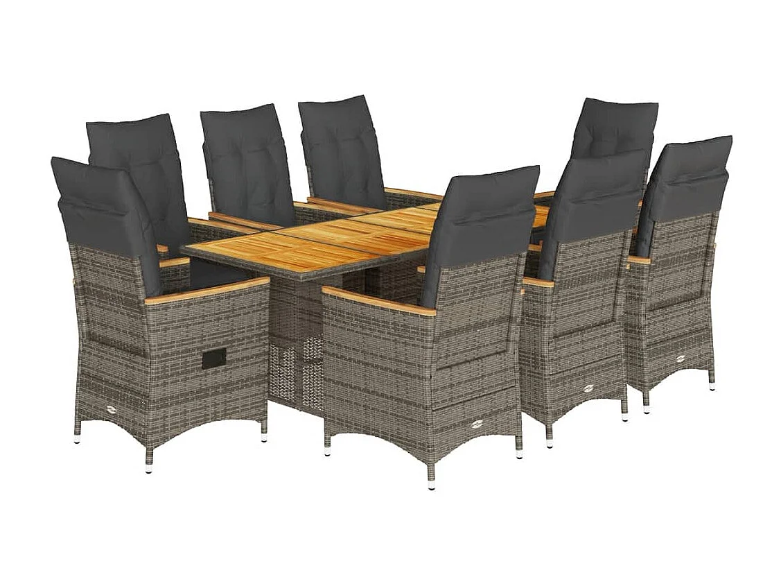 Set comedor jardín 9 piezas y cojines ratán sintético gris
