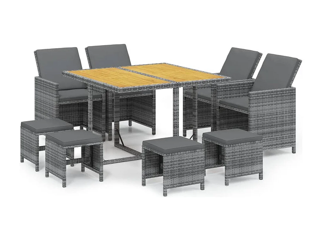 Set comedor jardín 9 piezas y cojines ratán sintético gris