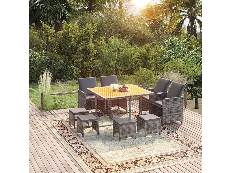 Set comedor jardín 9 piezas y cojines ratán sintético gris