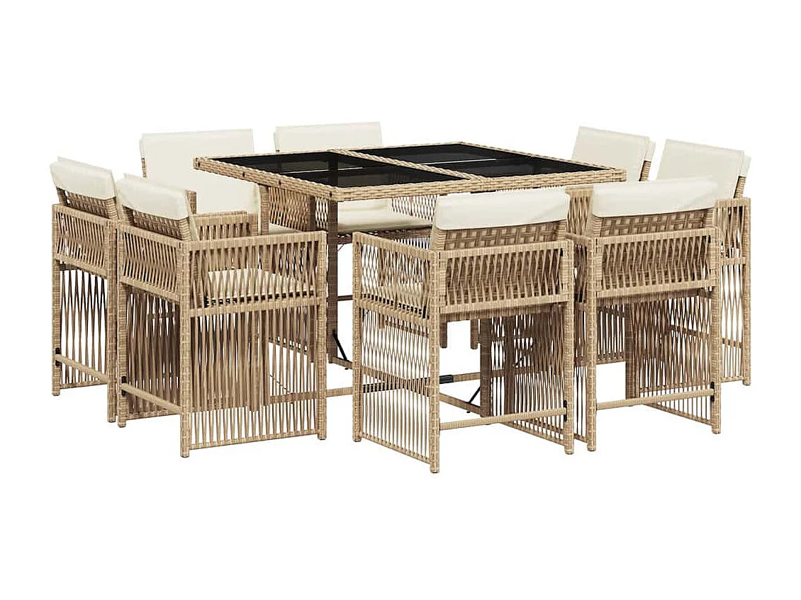Ensemble à manger de jardin et coussins 9 pièces beige Poly rotin