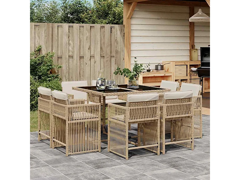 Ensemble à manger de jardin et coussins 9 pièces beige Poly rotin