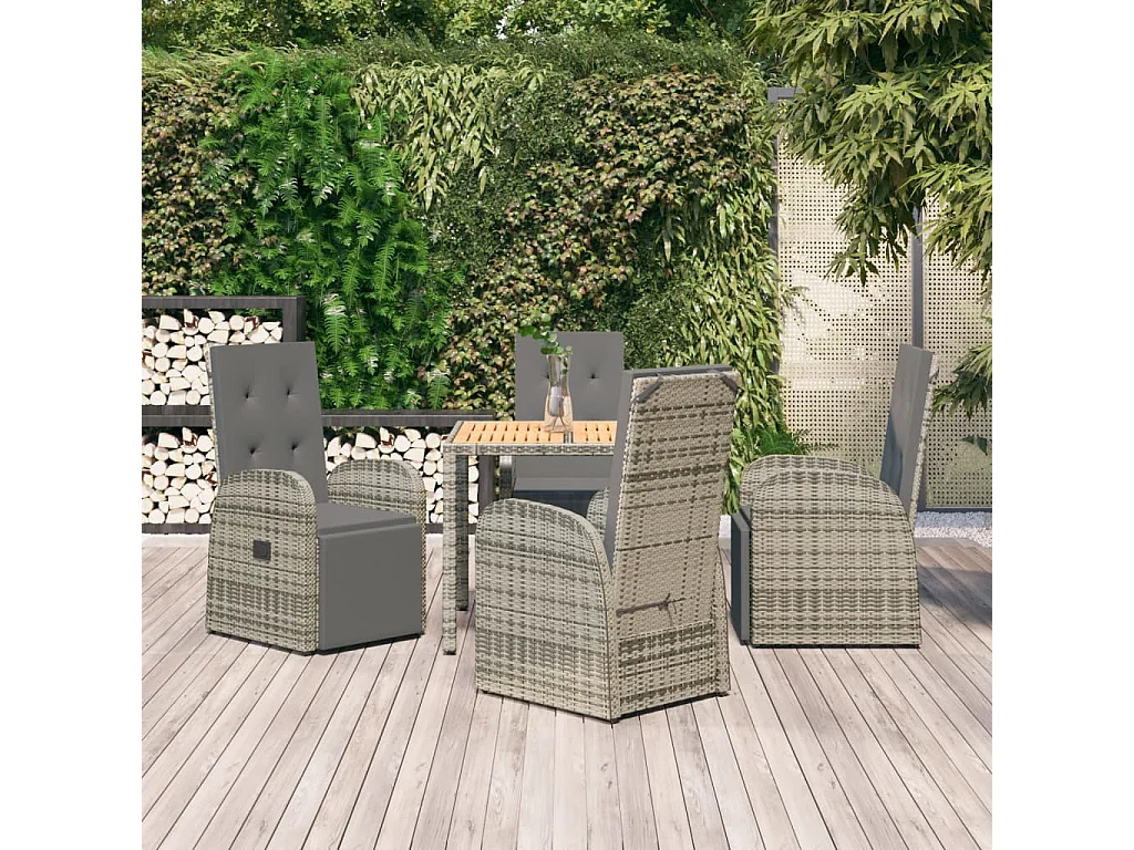 Set comedor de jardín 5 piezas con cojines ratán sintético gris