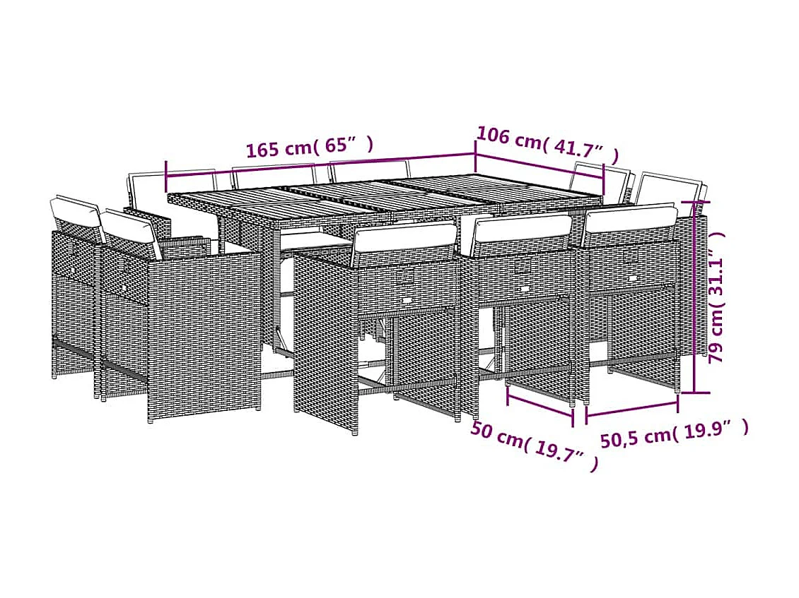 Set comedor de jardín 11 piezas con cojines ratán sintético beige