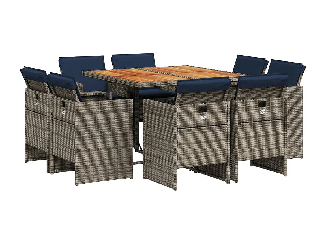 Ensemble à manger de jardin 9 pièces coussins gris résine tressée