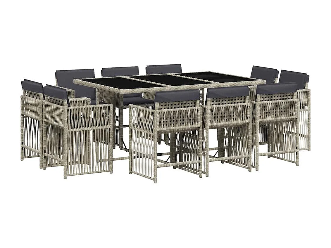 Set de comedor de jardín 11 piezas y cojines ratán sintético gris
