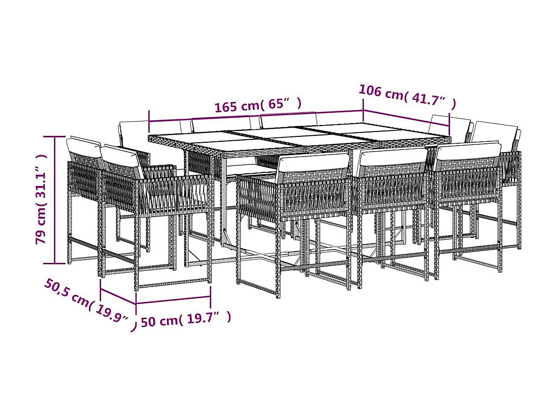 Set de comedor de jardín 11 piezas y cojines ratán sintético gris