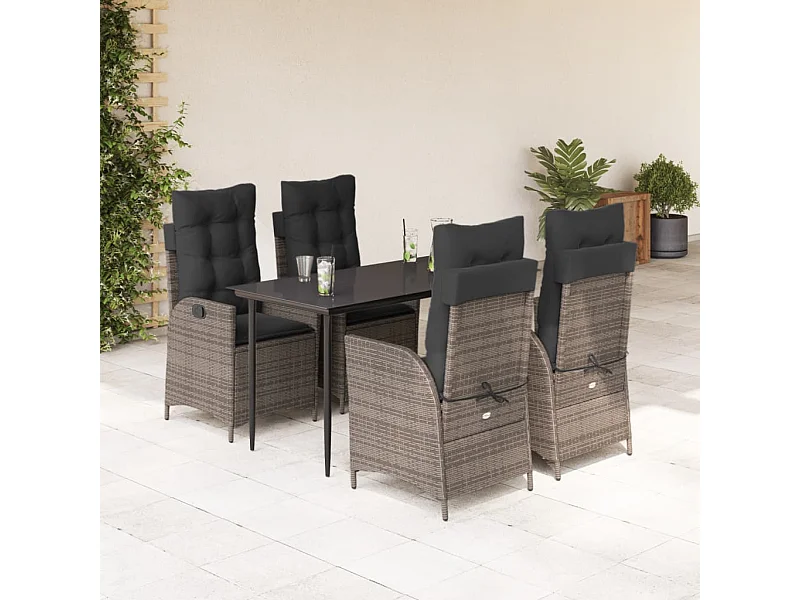 Set comedor de jardín 5 piezas con cojines ratán sintético gris