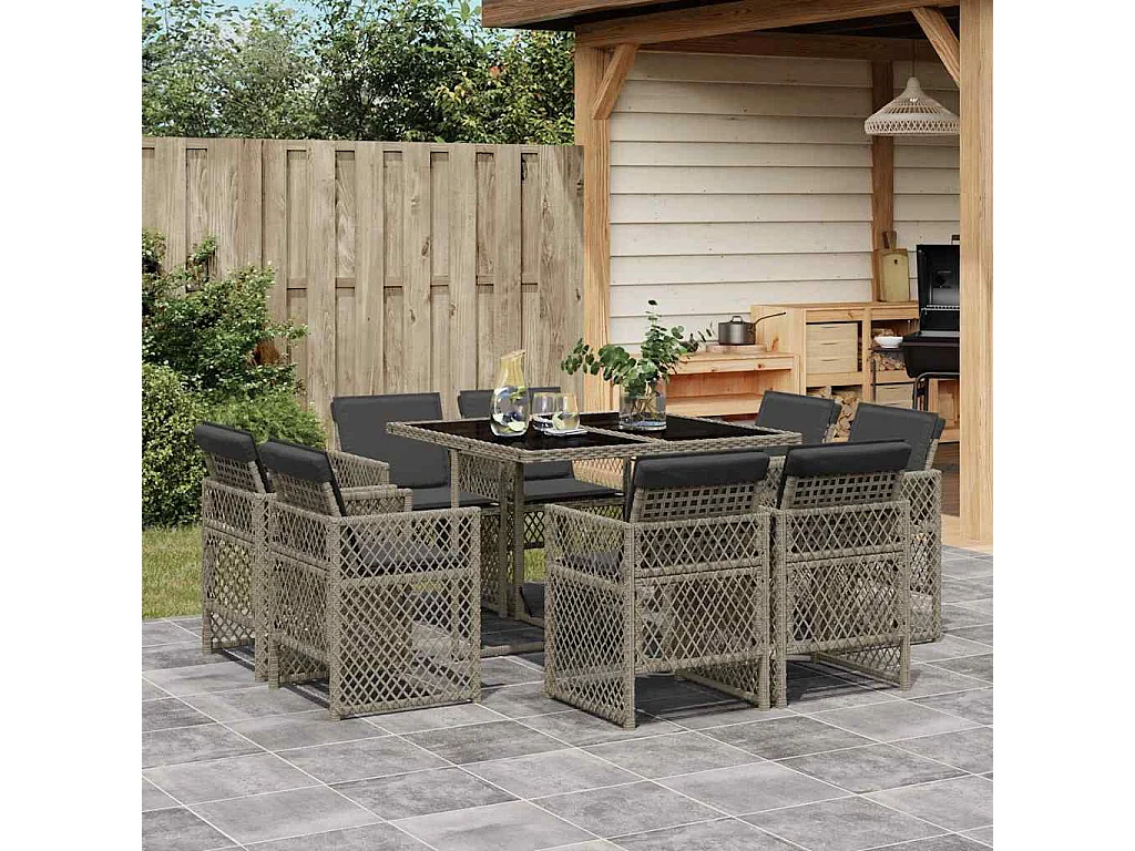 Set comedor jardín 9 piezas y cojines ratán sintético gris