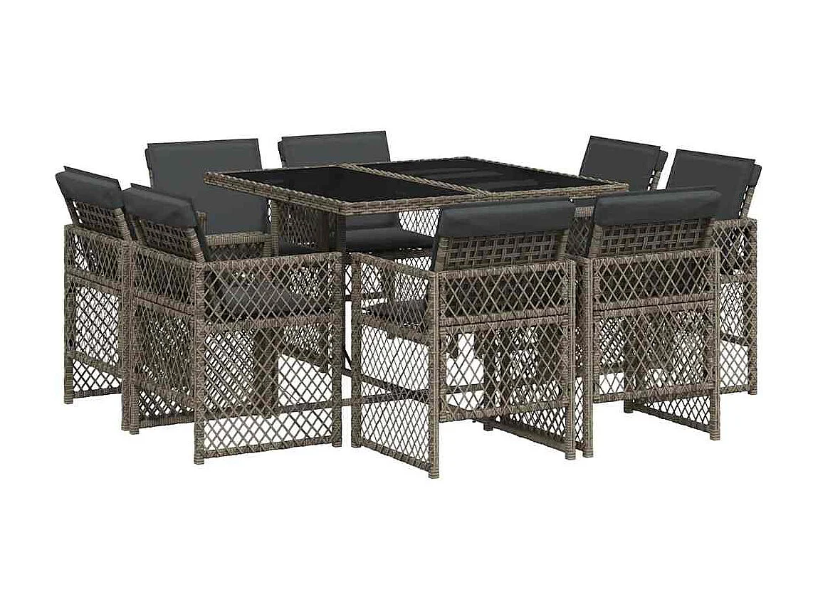 Set comedor jardín 9 piezas y cojines ratán sintético gris