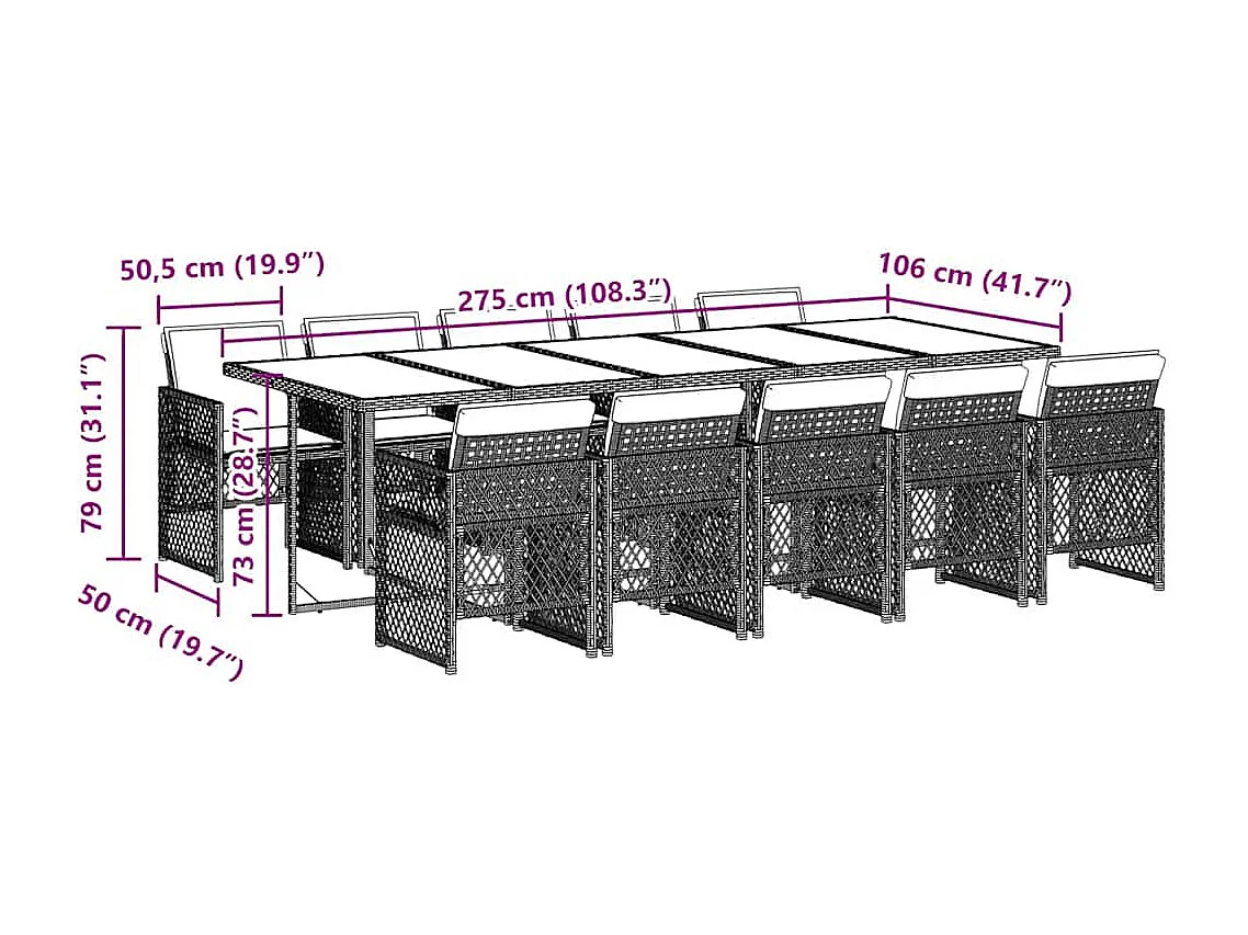 Set comedor de jardín 11 piezas con cojines ratán sintético beige
