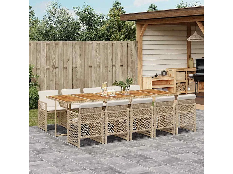 Set comedor de jardín 11 piezas con cojines ratán sintético beige